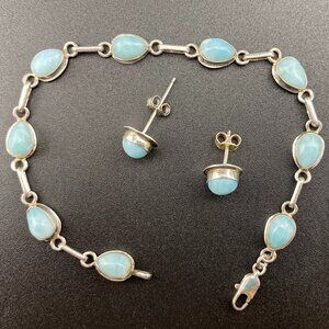 Handmade Sterling Silver 0.3" Larimar 7.75" Bracelet Post Earrings Set - 10.4gm